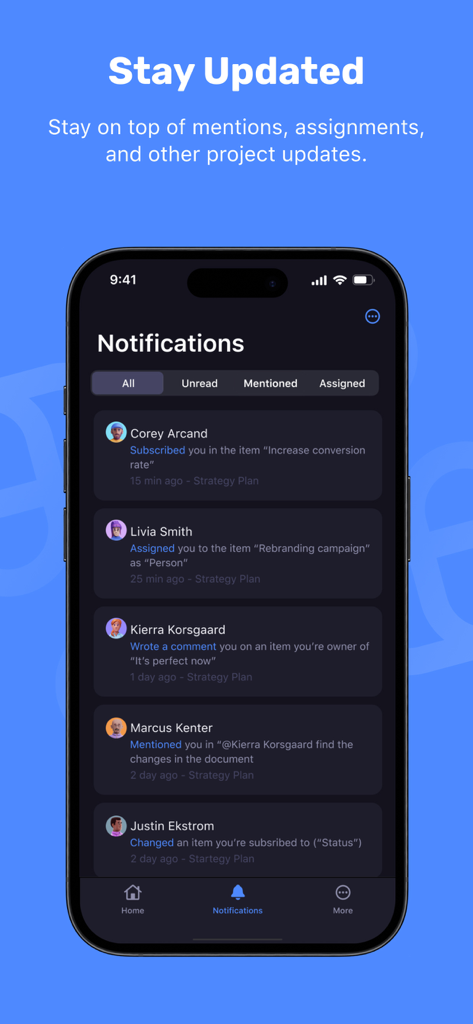 Schermata delle notifiche dell'app mobile Plaky che mostra assegnazioni di attività e menzioni