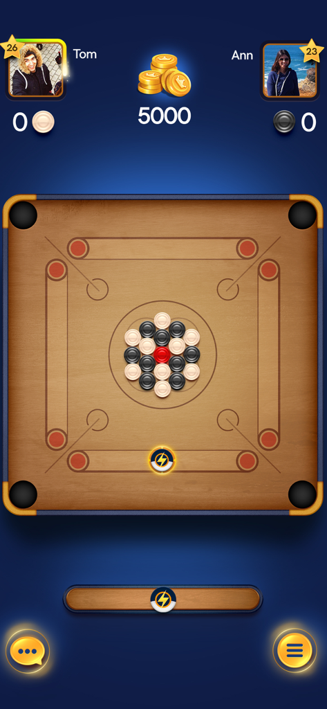 Tela de jogo multijogador Carrom Pool Disc Game com tabuleiro de madeira e discos
