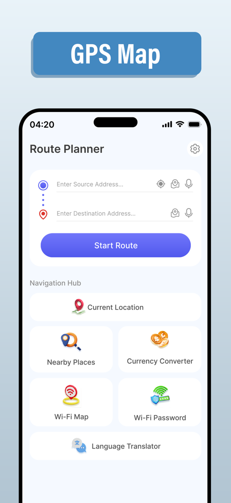 GPS & Maps Navigator - GPS and Maps Navigator app interface showing the route planner and navigation hub with utility tools