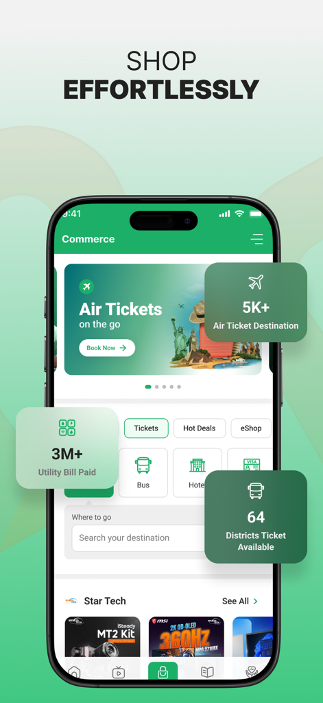 MyBL - MyBL app commerce screen showing air ticket booking, bus tickets, and utility bill payment options.