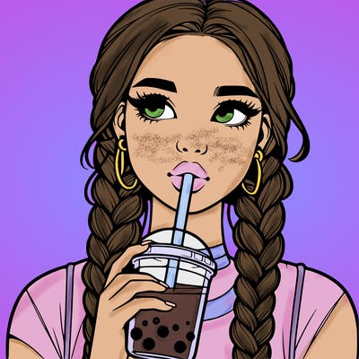 realistic girl with braided hair drinking boba