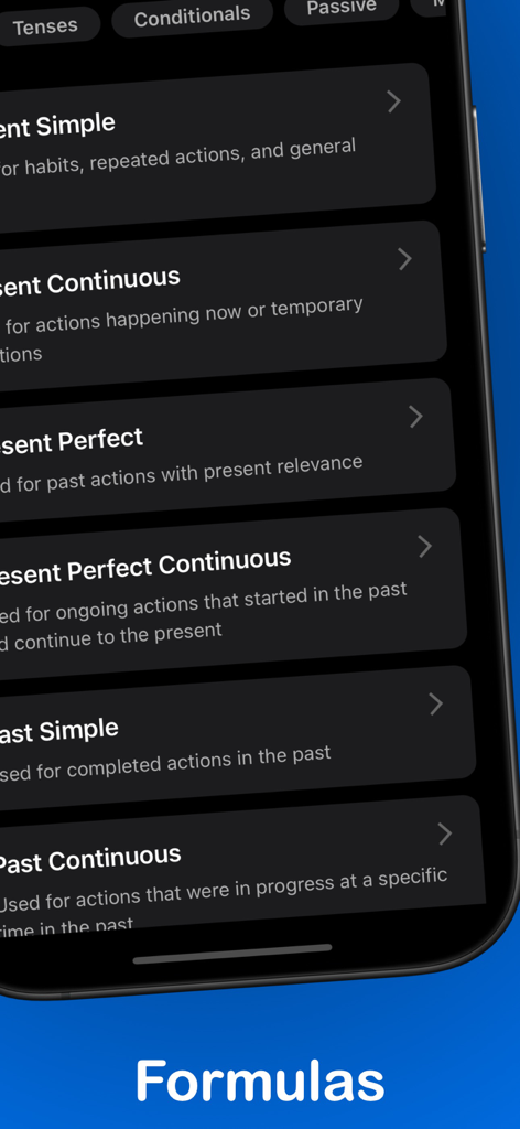 Tense Converter: Smart Grammar - Uma lista de tempos verbais de gramática inglesa, incluindo Present Simple e Present Perfect, dentro do aplicativo Tense Converter.