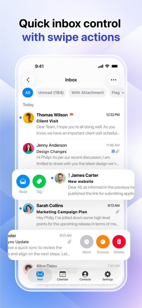 Zoho Mail - Email and Calendar - Zoho Mail app interface showing quick swipe actions to read, tag, snooze, and delete emails for efficient inbox management.