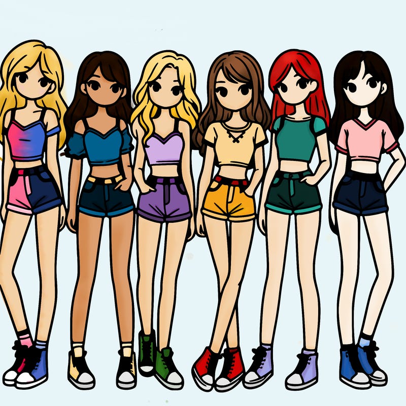 a group of girls wearing crop tops and shorts