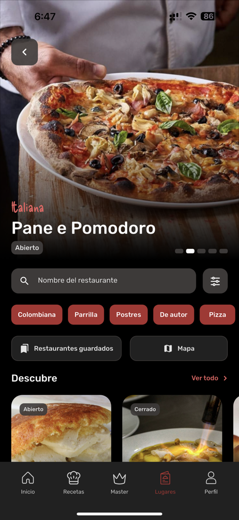 Tulio - The Tulio app home screen displaying a featured Italian restaurant and food categories like Colombian and Pizza.