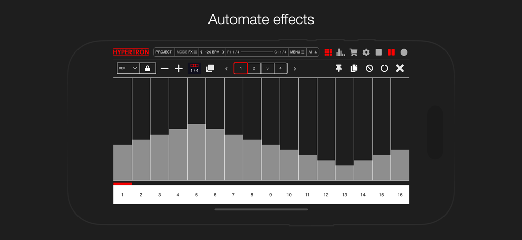 Hypertron - Interfaz de la app de música Hypertron mostrando niveles de automatización de efectos a lo largo de 16 pasos