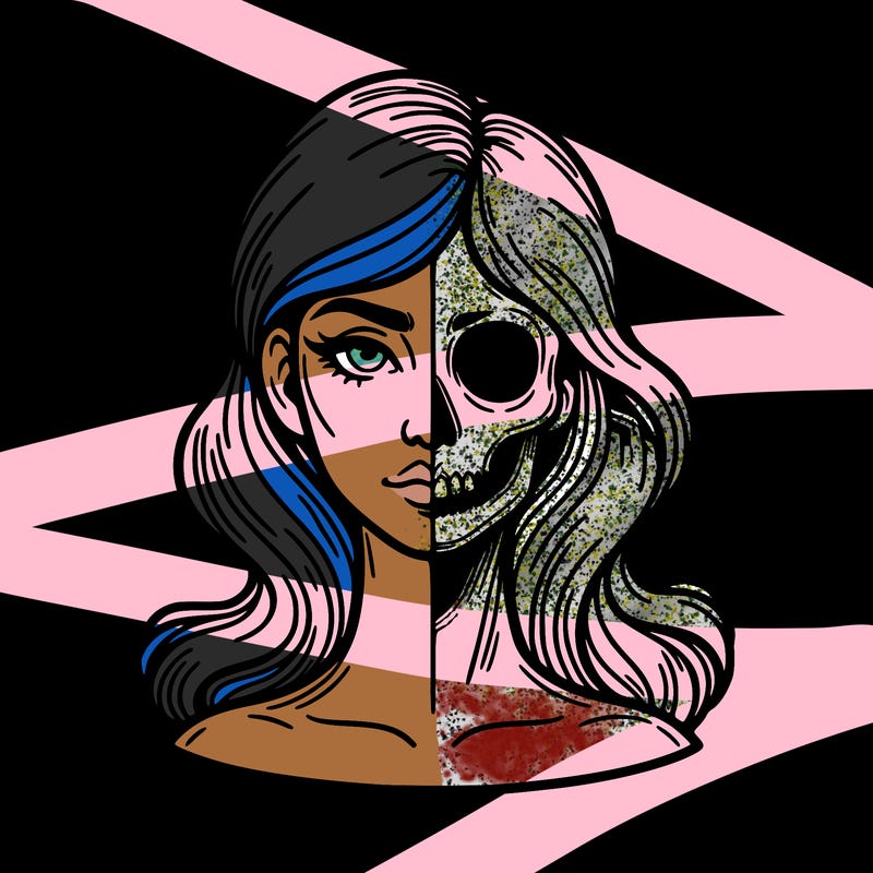 bust of a woman, half face and hair, half skull