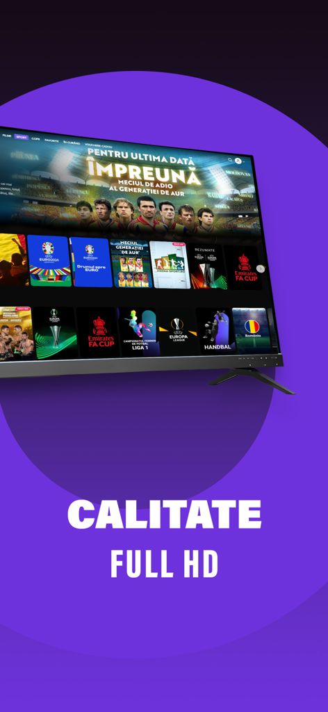 Voyo.ro - Voyo.ro App-Oberfläche auf einem TV-Bildschirm mit rumänischem Sport und Filmen in Full HD-Qualität.