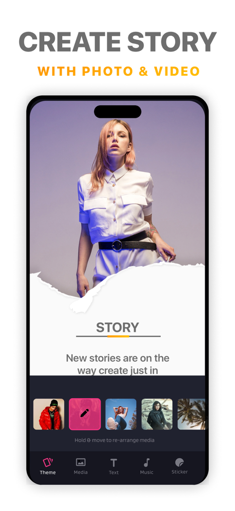 iPhone screen displaying the Create Story feature of SlideShow Maker with photo editing tools and a media gallery