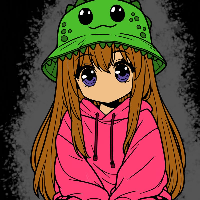 girl with anime shaped eyes with a dinosaur bucket hat oversized sweatshirt long straight hair