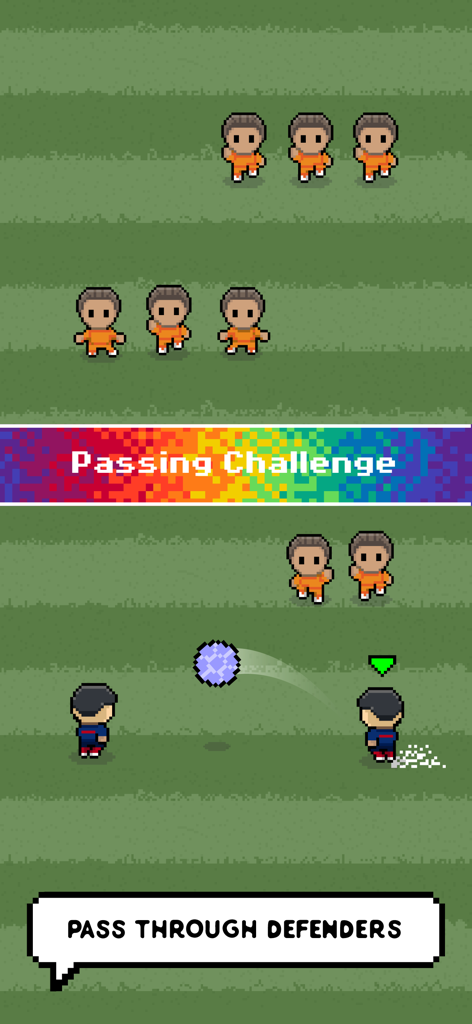 Pixel art soccer game screenshot showing the passing challenge mode where players pass the ball through defenders