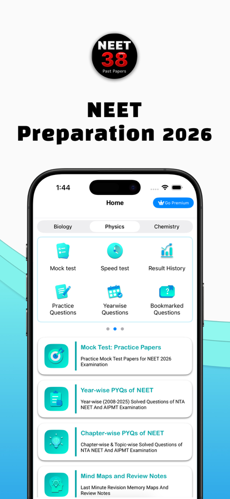 NEETPrep: Papers & Mock Tests - Pantalla de inicio de la aplicación NEETPrep que muestra herramientas de preparación de exámenes como pruebas de simulación, pruebas de velocidad y exámenes por año para física, química y biología.