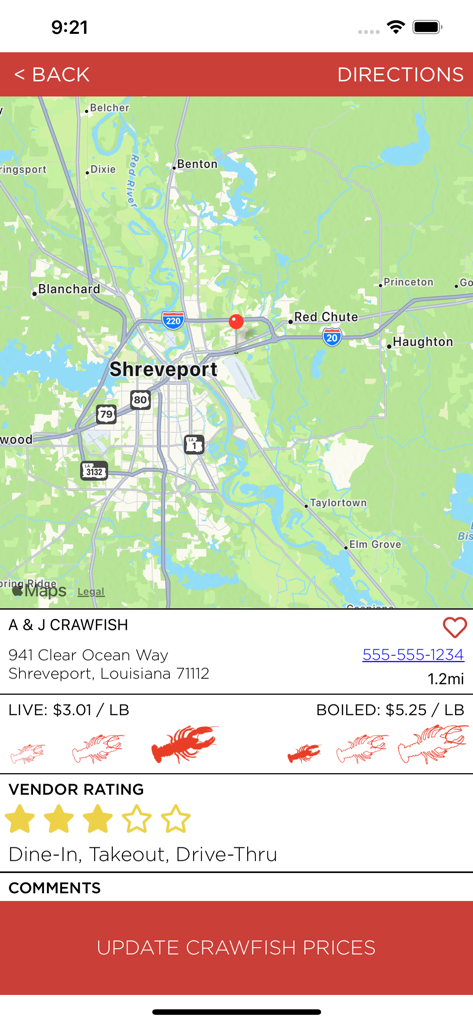 Mobile app screen showing live and boiled crawfish prices for a vendor in Shreveport Louisiana with a location map.