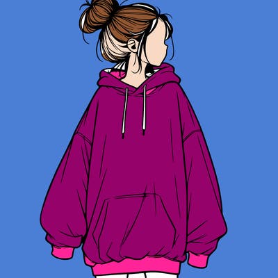 realistic girl with a oversized sweatshirt on and a bun
