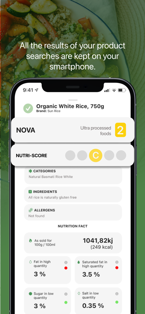 Ultra Processed Food Scanner - Ultra Processed Food Scanner app screen showing nutrition facts and health scores for organic white rice