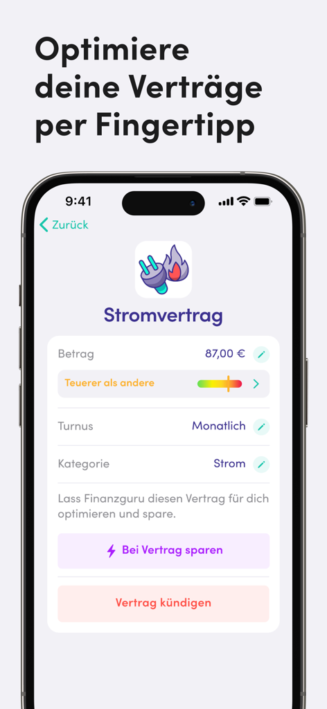 Schermata dello smartphone dell'app Finanzguru che mostra le opzioni per ottimizzare o annullare un contratto di elettricità