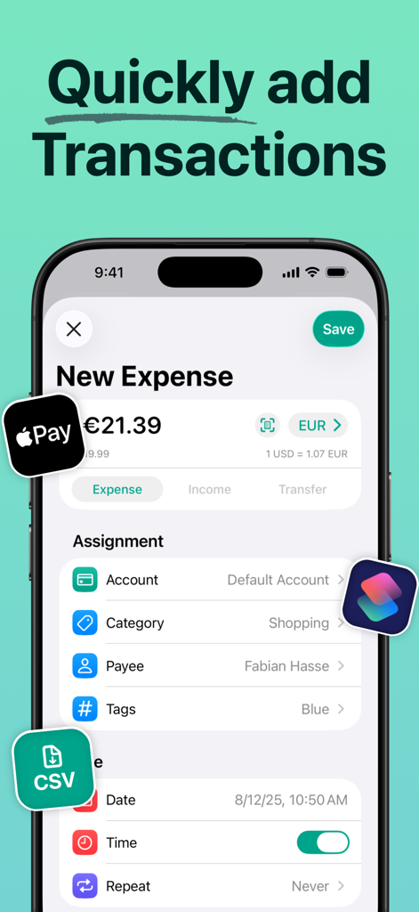 Interface of Budget Flow app on an iPhone showing a new expense entry with Apple Pay and Siri Shortcuts integration icons