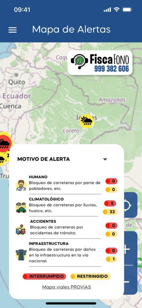Viaje Seguro Sutran - Mapa de Perú en la aplicación Viaje Seguro Sutran mostrando alertas de carretera en tiempo real y estado del tráfico