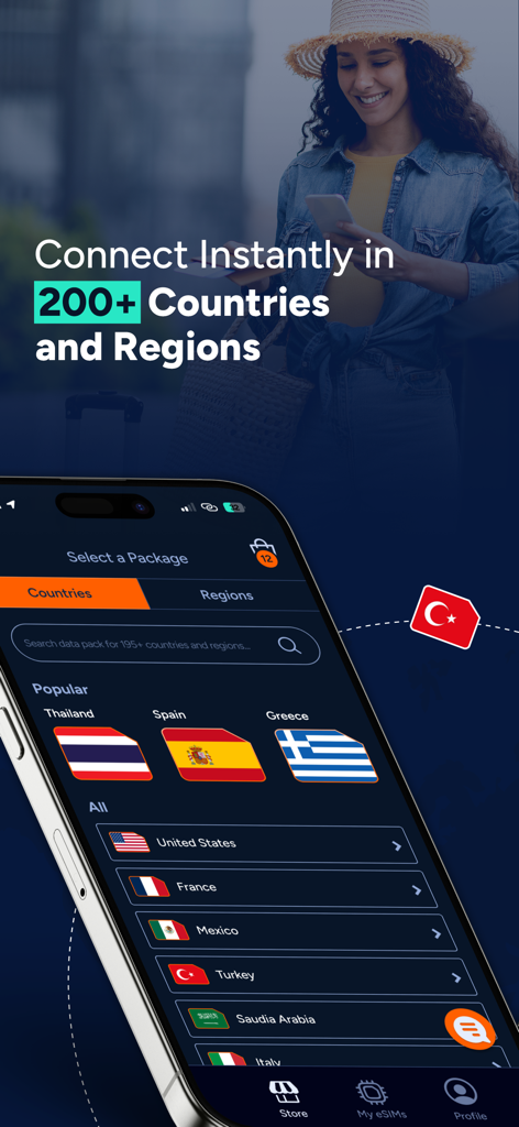 WowoSim - WowoSim app interface displaying data plans for over 200 countries and regions