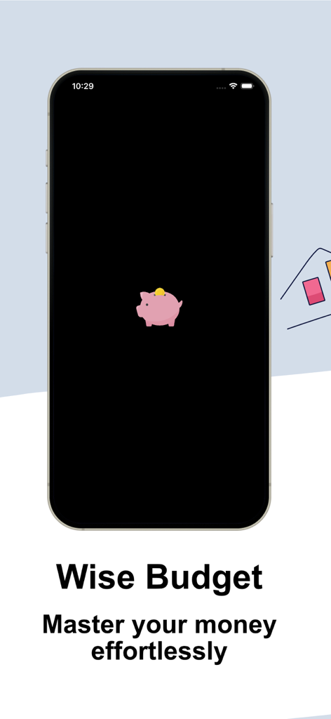 Wise budget - Wise Budget app splash screen on an iPhone featuring a piggy bank icon and the slogan Master your money effortlessly