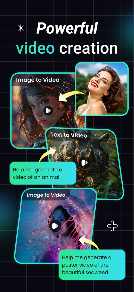 Creafy – AI Design Agent - テキストから動画、画像から動画へのツールを含む強力なAI動画作成機能を展示するCreafyアプリのインターフェース
