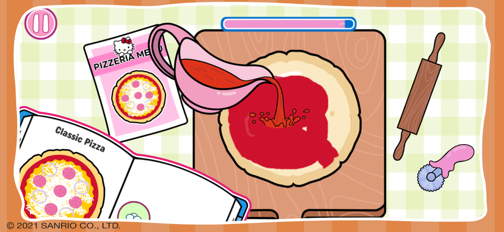 Hello Kitty: Supermarket Game - A screen from Hello Kitty Supermarket Game showing a pizza being prepared with tomato sauce, a rolling pin, and a recipe book.