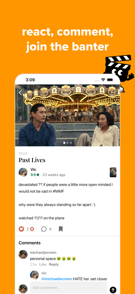 Flick: Rate Movies & Shows - Flick app interface showing a user review for the movie Past Lives with comments and social reactions.
