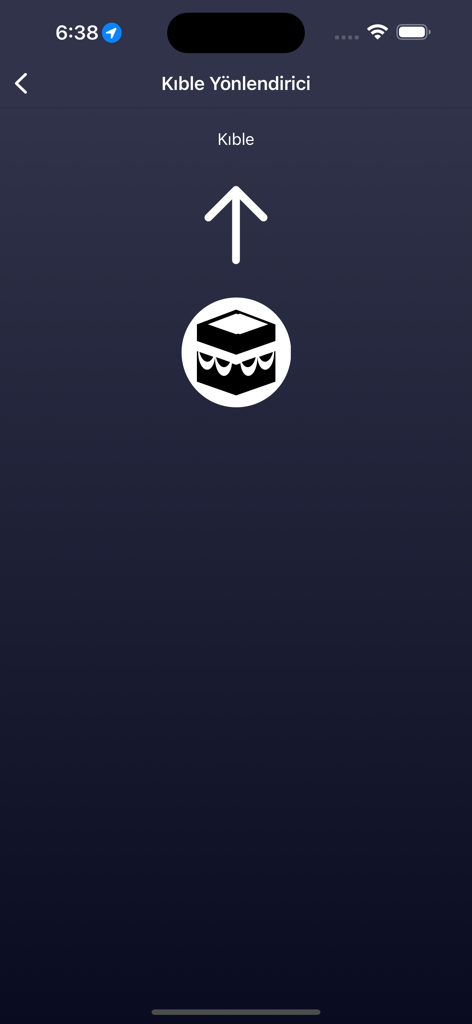 Kıble Yönü - Benutzeroberfläche der Qibla-Richtungs-App mit einem Navigationspfeil und einem Kaaba-Symbol