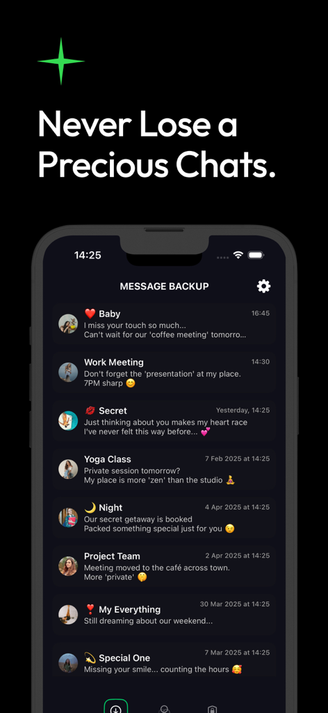 A mobile interface showing a list of backed up messages organized by categories such as Baby, Work Meeting, and Secret chats.