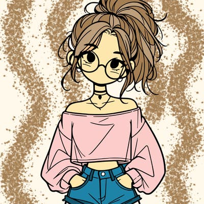 girl with a messy ponytail glasses a baggy crop top and jean shorts
