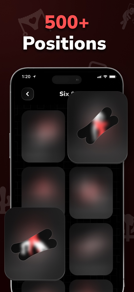 ScratchX mobile app interface showing over 500 couple positions with a digital scratch card feature
