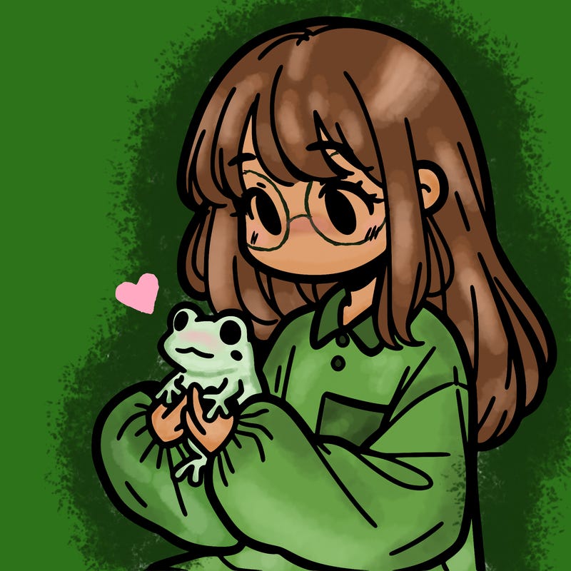girl with long hair and a oversized shirt. and she is holding a frog