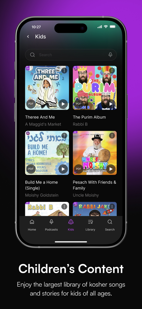 Oberfläche der Zing-App, die den Abschnitt Kinder mit koscheren Liedern und Geschichten für Kinder zeigt.