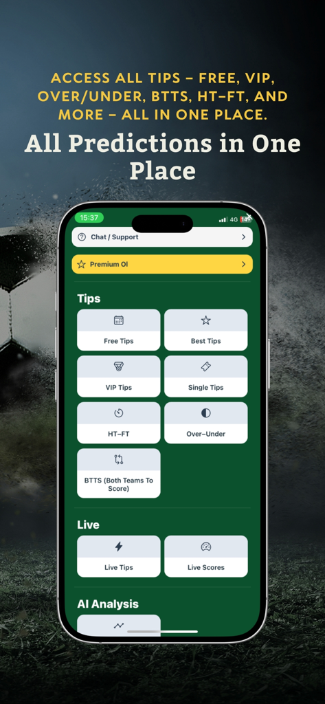 Dashboard of the Vip Betting Tips app displaying categories like VIP and Live Tips