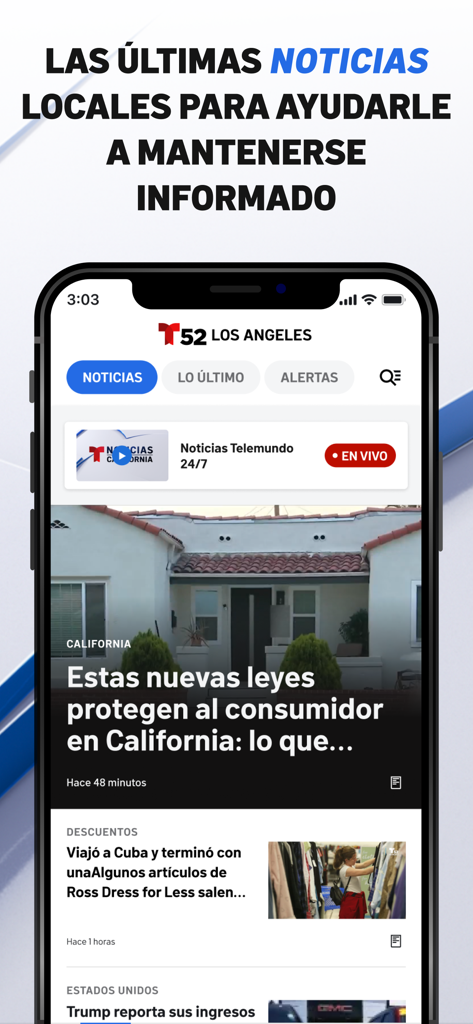 Telemundo 52 Los Angeles mobile app showing local news headlines in Spanish