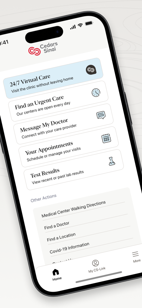 Cedars-Sinai - Startbildschirm der Cedars-Sinai Mobil-App mit Funktionen zum Gesundheitsmanagement wie Nachrichten für virtuelle Versorgung und Testergebnissen