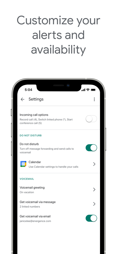 Smartphone screen displaying Google Voice settings for alerts and do not disturb.