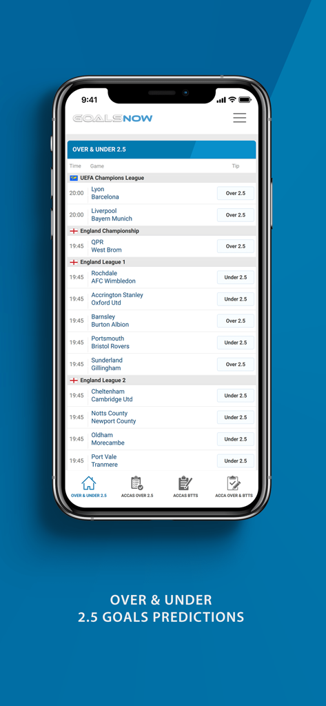 GoalsNow mobile app displaying over and under 2.5 goals betting tips for football matches