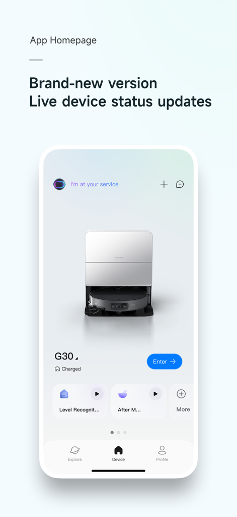Página de inicio de la aplicación Roborock que muestra el estado del dispositivo en vivo y un modelo de robot aspirador G30