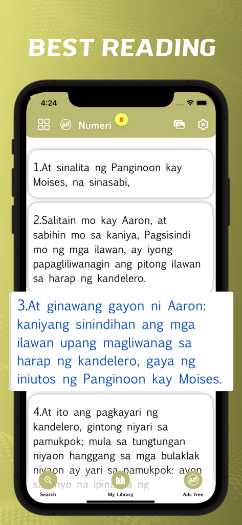 Tagalog Bible - offline - Tela de leitura do aplicativo da Bíblia em Tagalo mostrando escritura em filipino com um versículo destacado