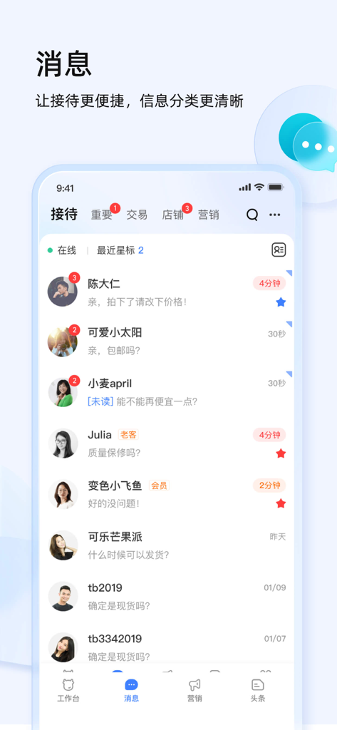 The customer service chat interface in the Qianniu app for Taobao and Tmall sellers showing a list of merchant messages.