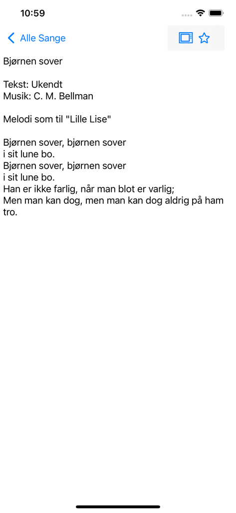 Sangbogen - Screenshot of the Sangbogen app displaying the lyrics for the Danish children song Bjornen sover
