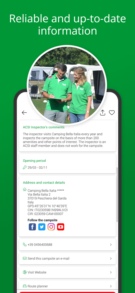 ACSI app showing verified campsite information and inspector comments