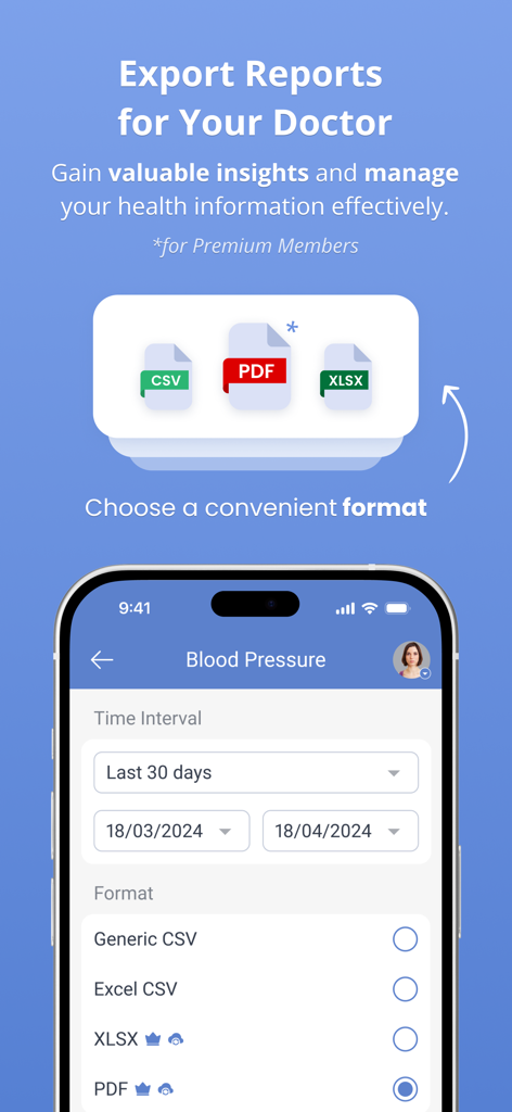 Health Diary by MedM - MedM Health app screen for exporting medical reports for doctors in PDF and Excel formats