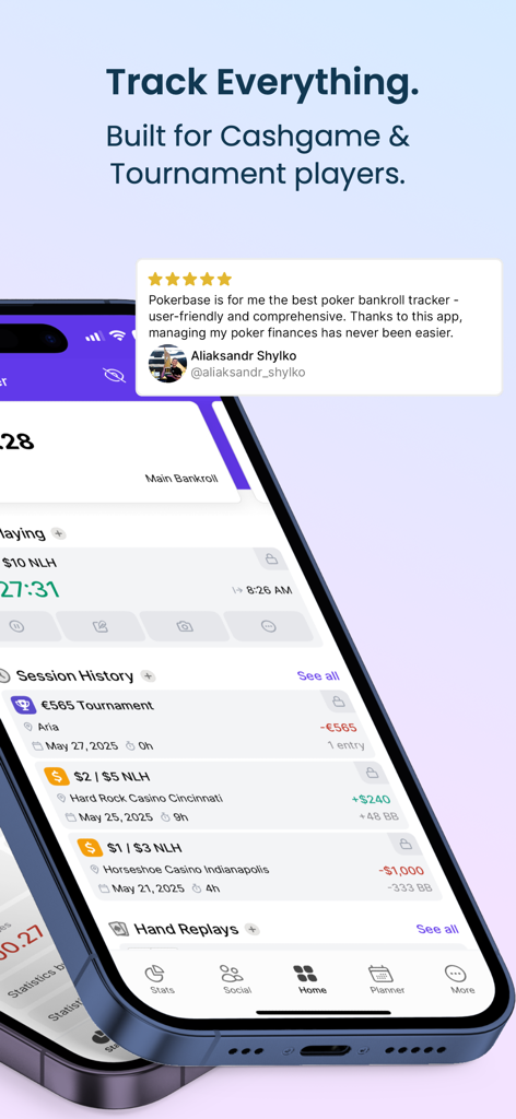 Pokerbase - Tracking & Staking - Pokerbaseアプリを表示するスマートフォンの画面。ポーカーセッション履歴とユーザーの証言が表示されています。