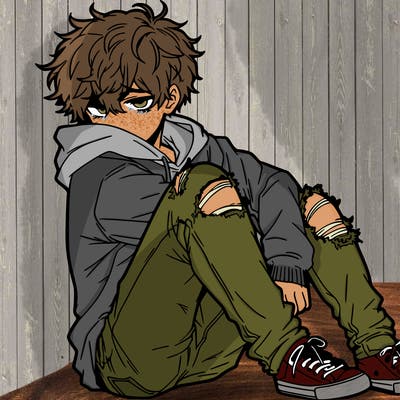 a male hoddie ripped jeans messy hair anime