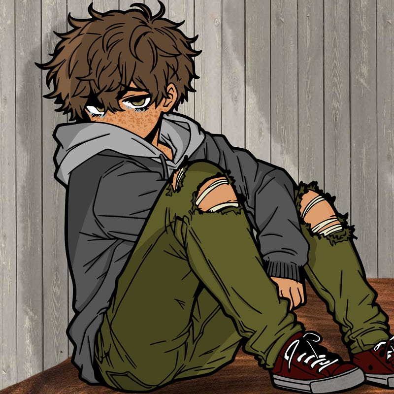 a male hoddie ripped jeans messy hair anime