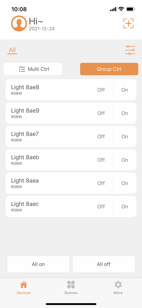 BRmesh - User interface of the BRmesh app listing multiple connected smart lights with group and individual power controls.