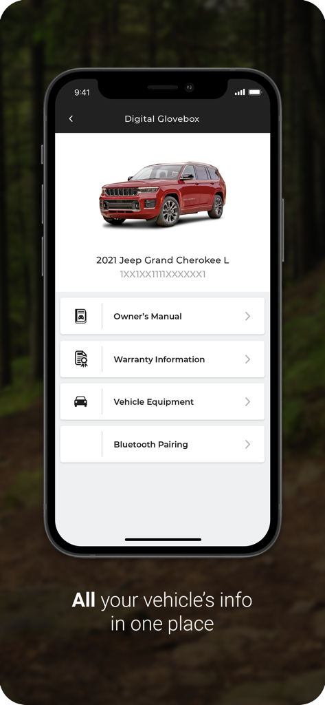 Jeep® - Jeep app interface showing the Digital Glovebox screen with vehicle information and owner manual access.