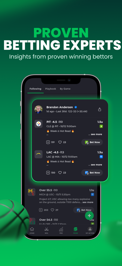 認証済みスポーツベッティングエキスパートの予想と最近の実績記録を表示しているAction Networkアプリのインターフェース
